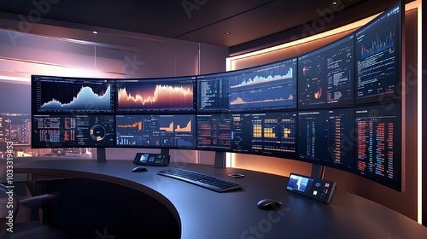 Obraz A modern control room with multiple curved screens displaying data analytics and charts, set against a city backdrop at dusk.
