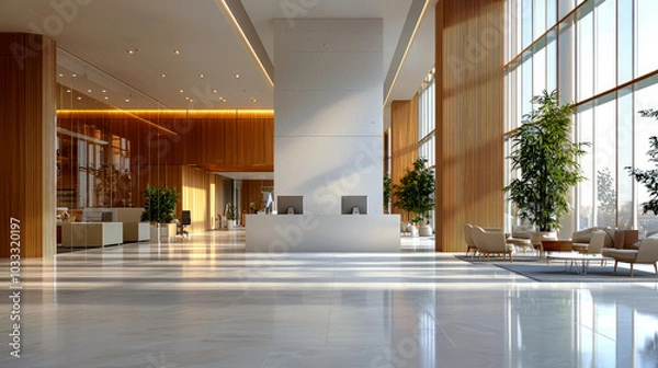 Obraz Modern lobby with large windows, wooden accents, and seating areas for visitors.