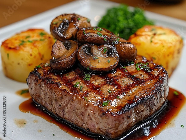 Fototapeta Medium-rare filet mignon with a balsamic glaze, sautéed mushrooms, and a creamy potato gratin, served on a minimalist white square plate, in a high-end restaurant.