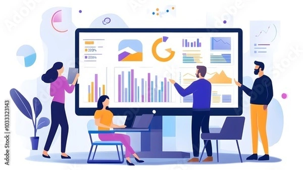 Obraz Business Team Analyzing Data Charts and Graphs on Computer Screen