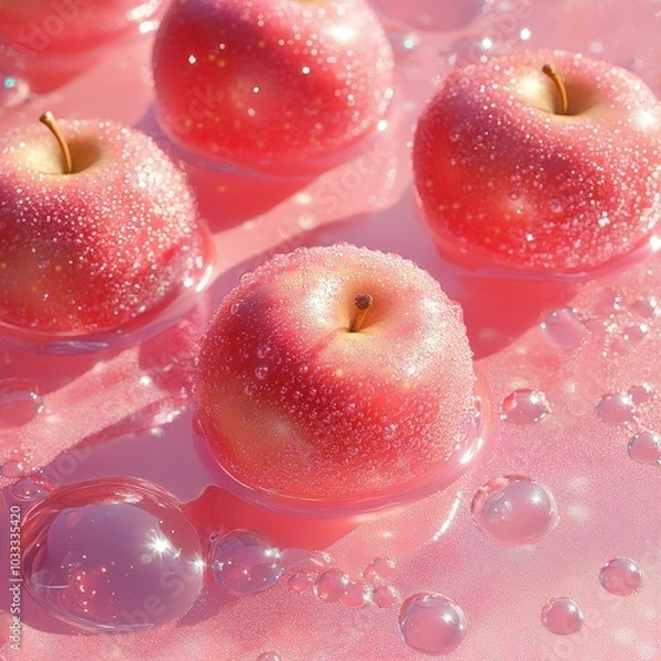 Fototapeta pink apples and water with a light red background 