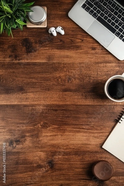 Obraz Minimalist Workspace with Laptop, Coffee, and Notebook