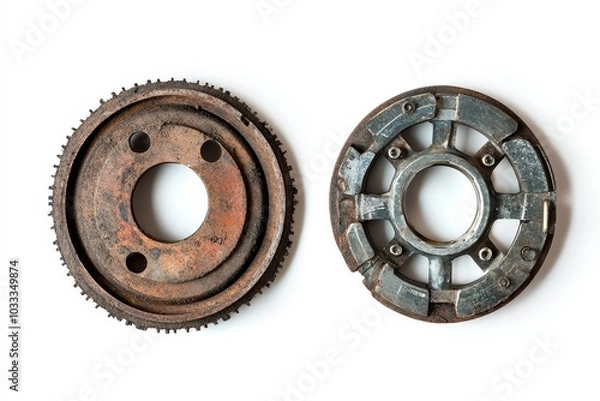 Fototapeta Two rusty metal gears isolated on a white background.
