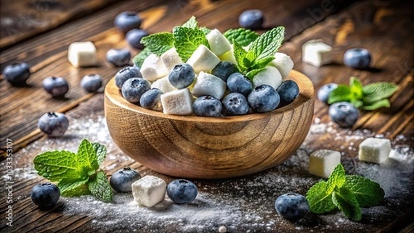 Fototapeta A Wooden Bowl Overflowing with Fresh Blueberries, White Cubes, and Delicate Green Mint Leaves, All Nestled on a Rustic Wooden Surface with a Light Dusting of Powdered Sugar