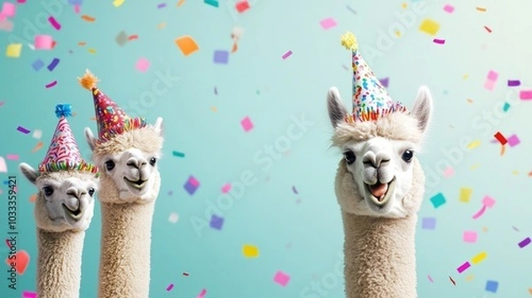Obraz Three alpacas in festive party hats enjoying a celebration with colorful confetti on a bright background.