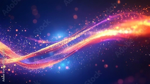 Fototapeta Abstract glowing wave of golden and purple glitter on a blue background