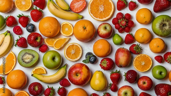 Obraz A colorful assortment of fresh fruits, including strawberries, oranges, bananas, and apples, laid out against a clean, white background.