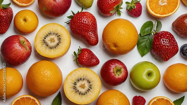 Obraz A colorful assortment of fresh fruits, including strawberries, oranges, bananas, and apples, laid out against a clean, white background.