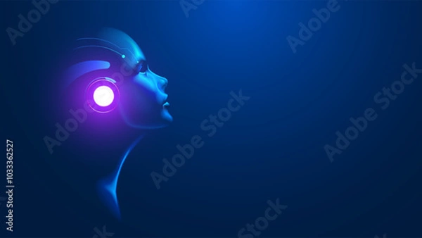 Fototapeta AI. Artificial intelligence in human face or head concept. Artificial neural network in image woman head looking at up. AI mind.