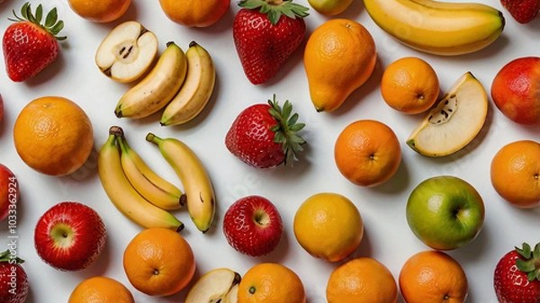 Obraz A colorful assortment of fresh fruits, including strawberries, oranges, bananas, and apples, laid out against a clean, white background.