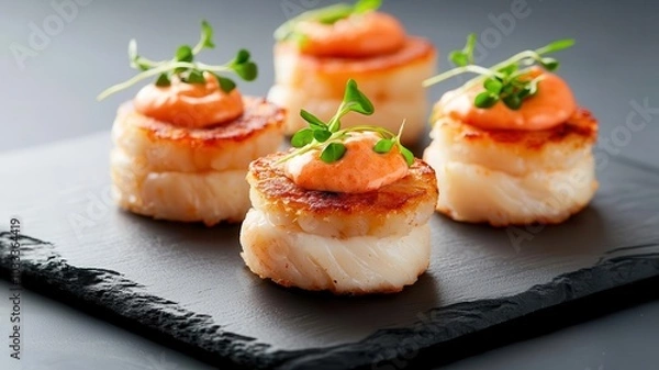 Fototapeta Elegant display of mini crab cakes, topped with remoulade sauce and microgreens, served on a chic slate platter, 3D illustration