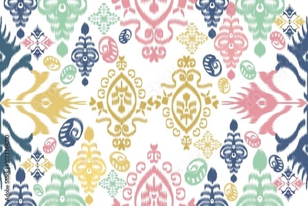 Fototapeta Colorful Indian motif ikat design print for trendy aesthetic background.Organic brush stroke, ink texture. Simple design for wallpaper, textile, wrapping, packing, fabric, branding, decoration.