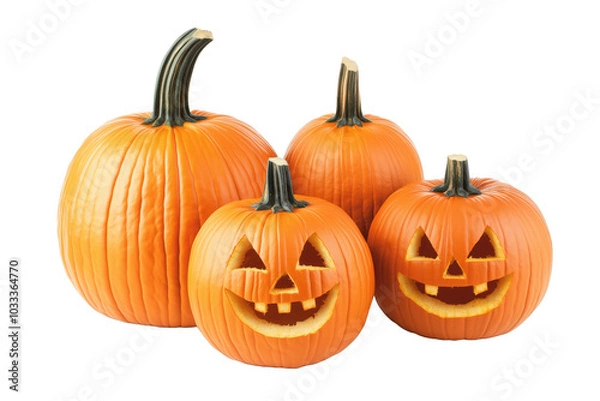 Fototapeta Group of pumpkins with two smiling jack-o'-lanterns isolated on transparent background