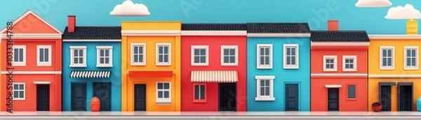 Fototapeta Colorful row of houses with varying designs, blue sky and clouds in the background.