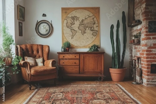 Fototapeta Stylish and vintage interior design of open space with wooden retro cabinet, design chair, sofa, map, paddle, ship, cacti, plants and elegant personal, Generative AI
