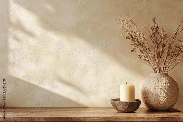 Obraz Minimalist interior with a textured beige wall, modern sculptures, and a unique candle holder on a wooden sideboard. Perfect blend of earthy tones and, Generative AI