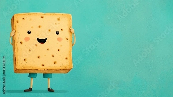 Fototapeta A cheerful cartoon character designed as a smiling graham cracker, standing against a bright teal background.