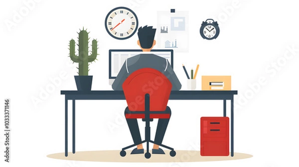 Fototapeta A businessman is seated in a red chair behind a desk in his office, which has a wall clock and a cactus. Character design isolated white in a vector flat illustration. businessperson using a computer