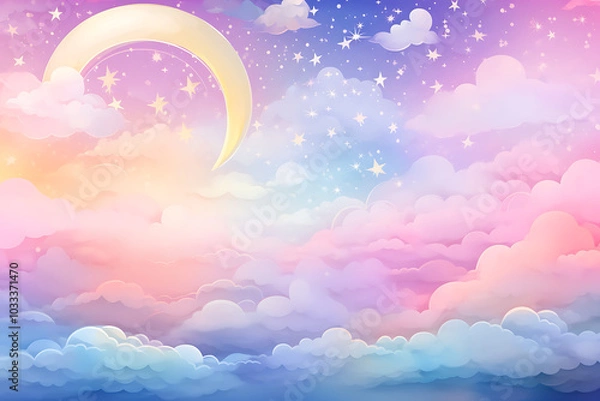 Fototapeta Dreamy pastel clouds with crescent moon and twinkling stars create serene atmosphere