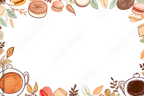 Fototapeta Delightful watercolor cafe doodles frame featuring pastries and tea