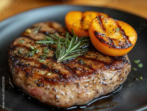 Fototapeta Grilled pork steak with grilled peaches and rosemary, plated on a dark, round ceramic plate, with a rustic wooden table and natural light coming through the window.