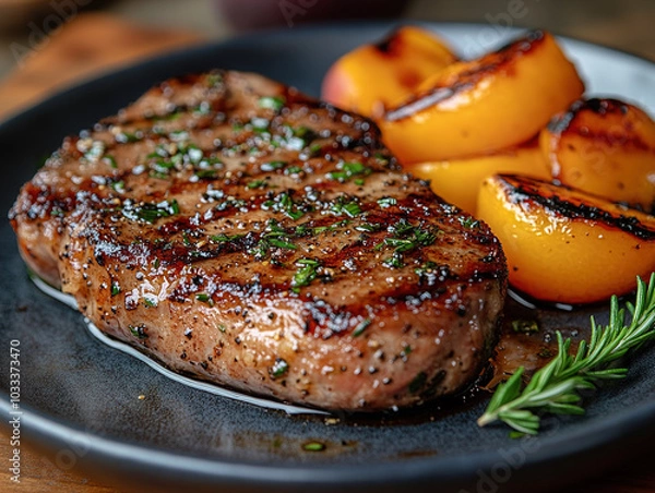 Fototapeta Grilled pork steak with grilled peaches and rosemary, plated on a dark, round ceramic plate, with a rustic wooden table and natural light coming through the window.