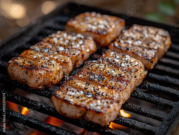 Fototapeta Pork steak sizzling on the grill with flames licking the sides, seasoned with black pepper and sea salt, with a backdrop of an outdoor BBQ in the evening.