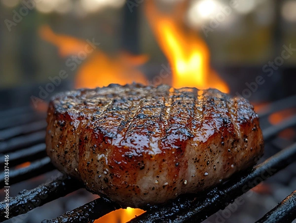 Fototapeta Pork steak sizzling on the grill with flames licking the sides, seasoned with black pepper and sea salt, with a backdrop of an outdoor BBQ in the evening.