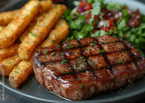 Fototapeta Pork steak with caramelized onions and red wine reduction, paired with crispy polenta fries and a mixed green salad, on a deep gray stoneware plate, with a rustic background.