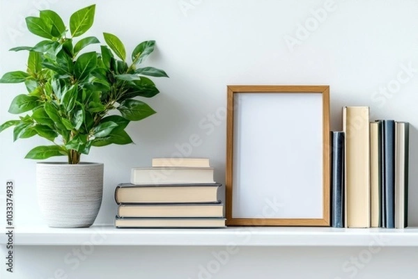 Obraz Minimalistic home decor of interior with two brown wooden mock up photo frames on the white shelf with books, beautiful plant in stylish pot and home accessories. White, Generative AI