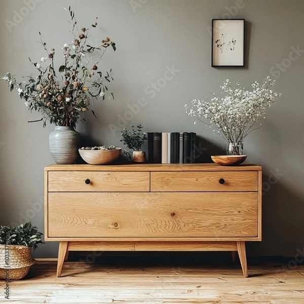 Fototapeta Minimalist composition of living room interior with mock up poster frame, wooden sideboard beige vase with rowan, black bowl, white wall, books and personal accessories. Home decor, Generative AI