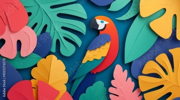 Fototapeta Colorful Paper Cutout Parrot in Tropical Leaves