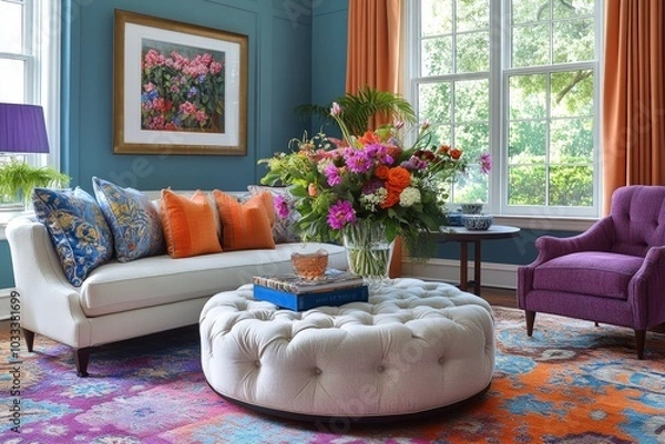 Fototapeta Stylish living room with a round ottoman, fresh floral arrangements, and colorful decor, creating a lively yet cozy atmosphere. Home decor and mock up, Generative AI
