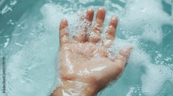 Fototapeta A human hand encased in foam and soap bubbles as water flows around it, capturing a sense of playfulness and adhesion, with a soothing, abstract touch.