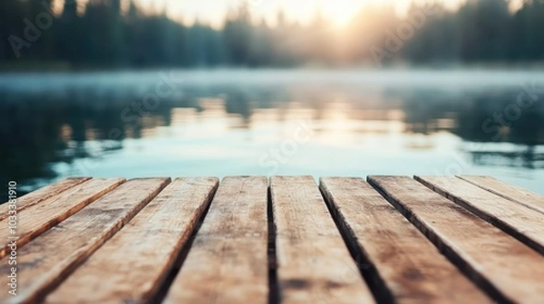 Fototapeta A tranquil sunrise scene over a calm lake, featuring a wooden dock leading into misty waters, surrounded by dense forest casting reflections on the surface.