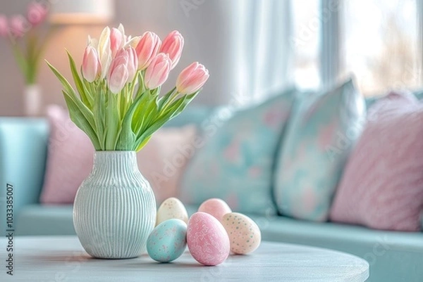 Fototapeta Interior design of spring living room with design sofa, furniture, vase with tulips, easter decorations, pillows and personal accessories. Home decor, Generative AI