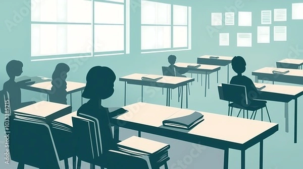 Fototapeta Silhouetted students in a minimalist classroom setting.