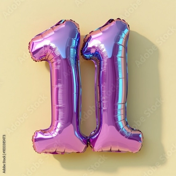 Fototapeta Violet metallic number 11 eleven made of inflatable balloon on yellow background