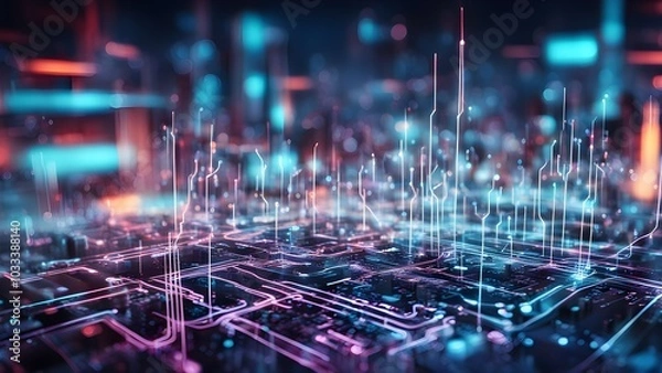 Fototapeta A futuristic digital landscape with glowing circuits and data streams.