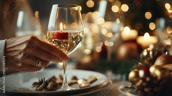 Fototapeta A glass of white wine reflects a red candle's flame, creating a festive atmosphere with soft bokeh lights that enhance the cozy, celebratory setting of the dining table.