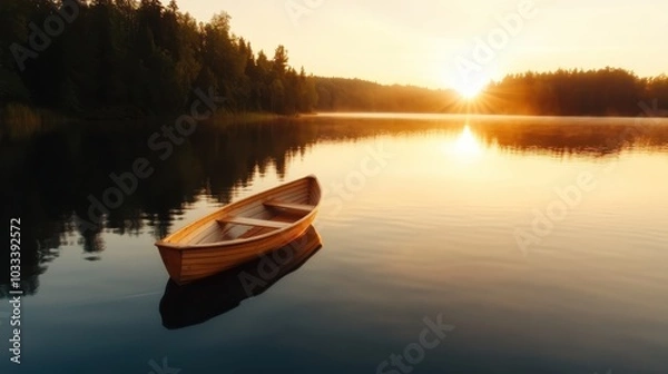 Obraz A tranquil lake scene at sunset, featuring a solitary wooden rowing boat, evokes feelings of peace, solitude, and the enduring beauty of nature and reflection.