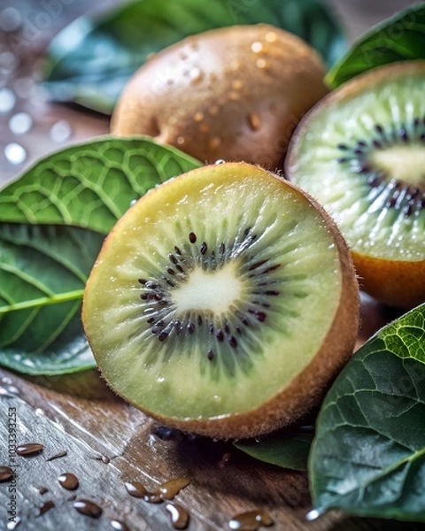 Fototapeta 
fresh exotic kiwi fruit close-up, 2 fruits are cut in half, showing their core, green leaves in the background