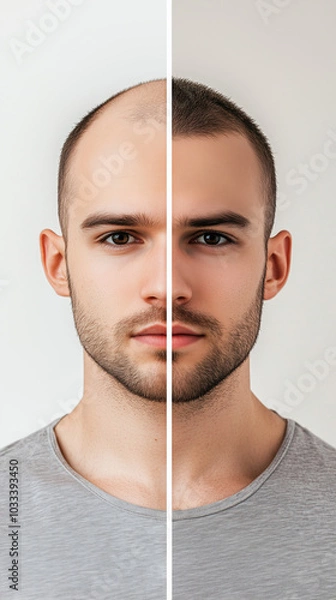 Fototapeta Before and after comparison of a man's hair restoration treatment, showing significant improvement in hair density. This side-by-side visual highlights the effectiveness of hair transplant procedures 