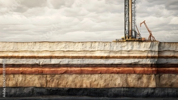 Fototapeta Cross section of Oil Shale Layers with Drilling Machinery Extracting Fuel Resources