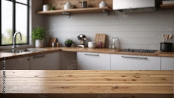 Fototapeta wooden dining table for product presentation in a home kitchen or restaurant with simple wallpaper