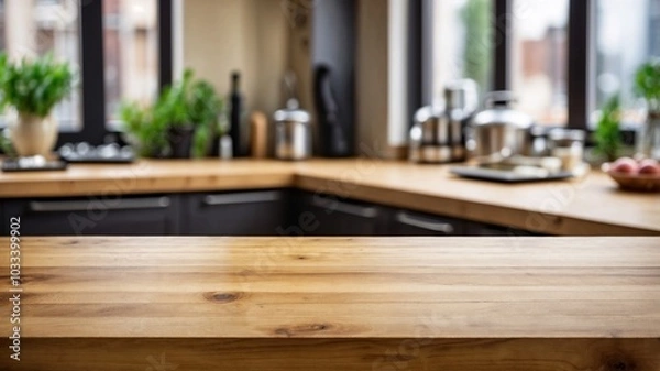 Fototapeta wooden dining table for product presentation in a home kitchen or restaurant with bottles of spice