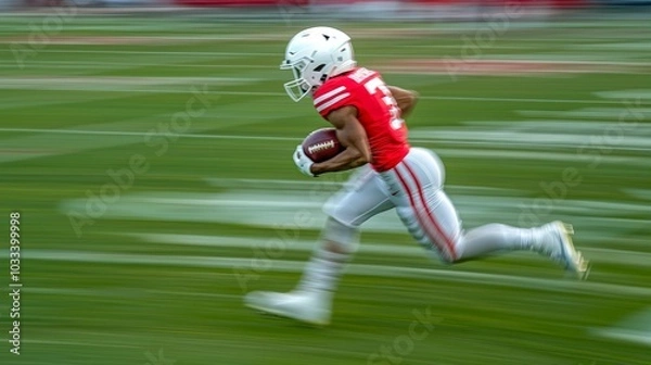 Fototapeta A dynamic shot of american football player in motion, wearing a red jersey and white helmet, sprinting across the field while carrying a football.