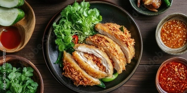Obraz Fried cireng filled with spicy shredded chicken in the center.
