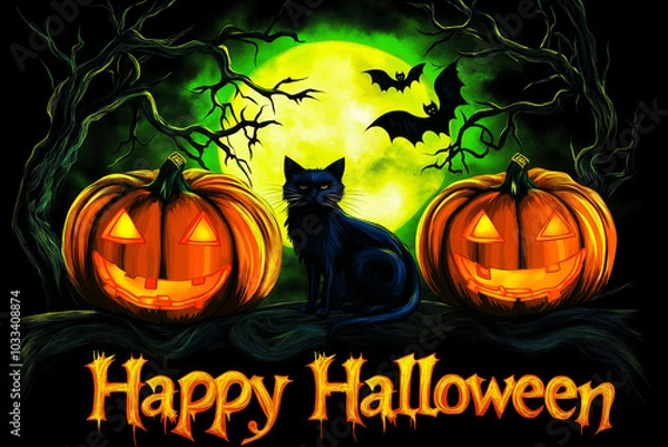 Obraz Scary Jack o lanterns, black cat and bats on dark background. Halloween poster