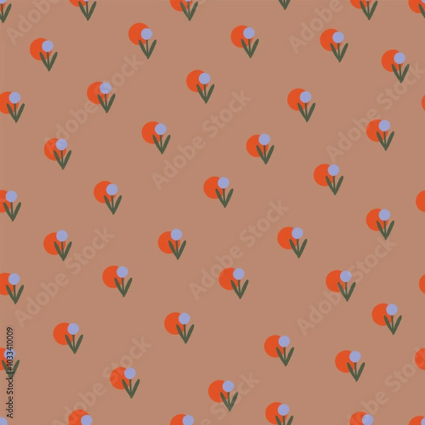 Fototapeta Orange polka dots and flowers on brown background. Seamless pattern